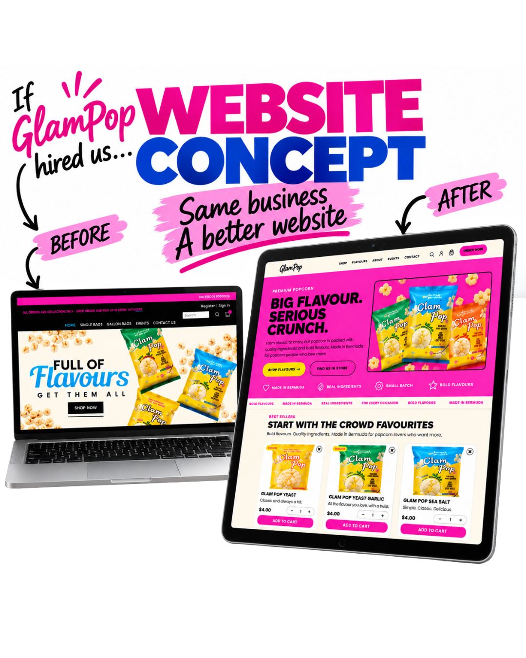 Website concept example: the same business website before and after Focus Media & Design rebuilds it