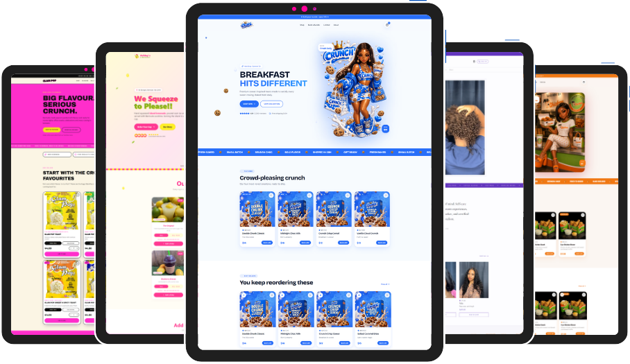 Illustrative examples of colourful Shopify-style online stores shown on phone mockups