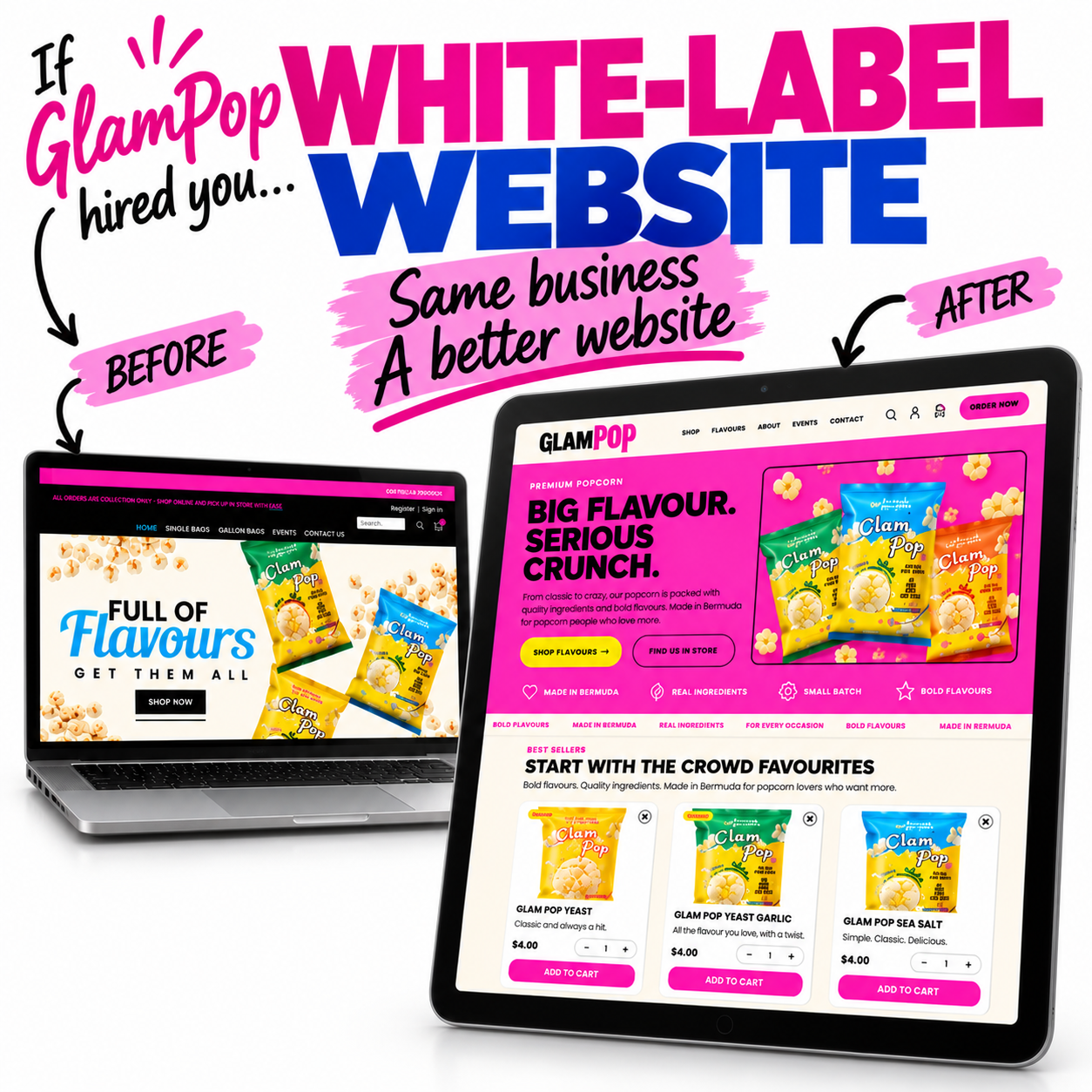 Before and after white-label website redesign for GlamPop by Focus Media & Design